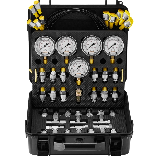VEVOR Hydraulic Pressure Test Kit, 10/100/250/400/600bar, 5 Gauges 13 Couplings 14 Tee Connectors 5 Test Hoses, Excavator Hydraulic Test Gauge Set