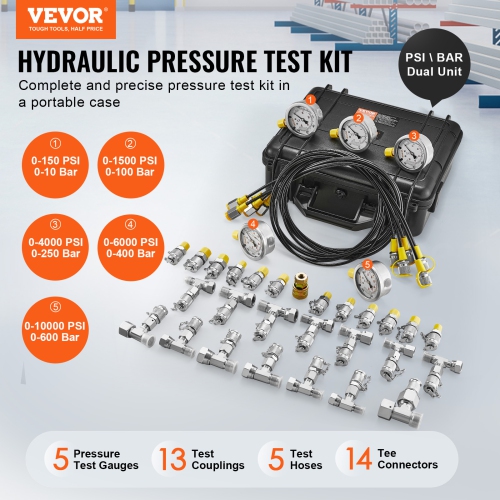 VEVOR Hydraulic Pressure Test Kit, 10/100/250/400/600bar, 5 Gauges 13 Couplings 14 Tee Connectors 5 Test Hoses, Excavator Hydraulic Test Gauge Set