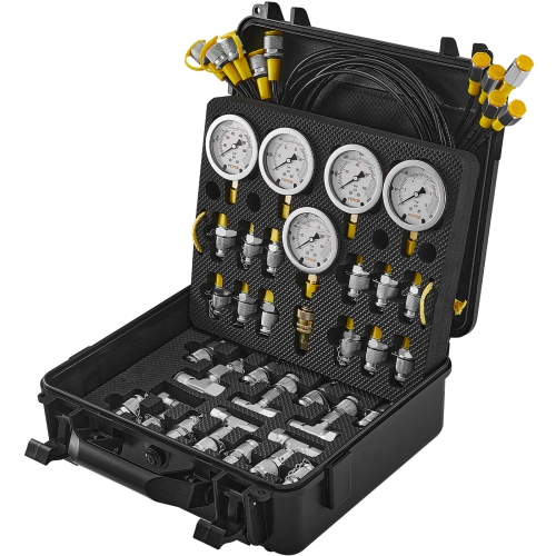 VEVOR Hydraulic Pressure Test Kit, 10/100/250/400/600bar, 5 Gauges 13 Couplings 14 Tee Connectors 5 Test Hoses, Excavator Hydraulic Test Gauge Set