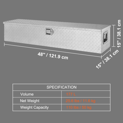VEVOR 48"x15"x15" Heavy Duty Aluminum Truck Bed Tool Box, Diamond Plate Tool Box with Side Handle and Lock Keys, Storage Tool Box Chest Box Organizer