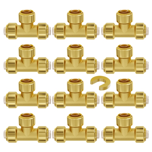 VEVOR  1/2" Pipe Fittings, 12PCs Tee Brass Pipe Fittings, Push-Fit Pipe Connector Brass Air Fittings, Heavy Duty Plumbing Fittings Adapter For