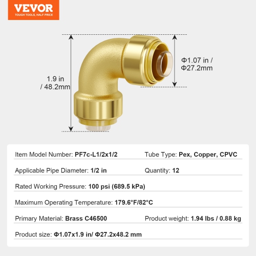 VEVOR 1/2" Pipe Fittings, 12PCS Brass Pipe Fittings, Elbow Push-Fit Pipe Connector Brass Air Fittings, Heavy Duty Plumbing Fittings Adapter for