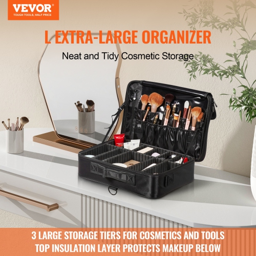 VEVOR 3 Tiers Makeup Train Case Large Storage, Convenient Carry With Handle, Strap, Professional Waterproof Oxford Makeup Storage Organizer Box,