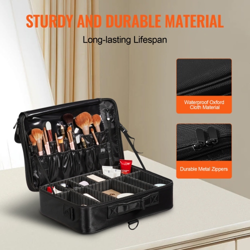 VEVOR 3 Tiers Makeup Train Case Large Storage, Convenient Carry With Handle, Strap, Professional Waterproof Oxford Makeup Storage Organizer Box,