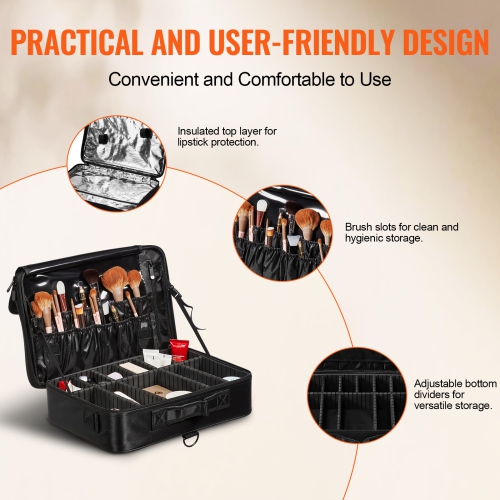 VEVOR 3 Tiers Makeup Train Case Large Storage, Convenient Carry With Handle, Strap, Professional Waterproof Oxford Makeup Storage Organizer Box,