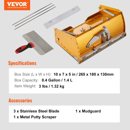 VEVOR 10-Inch Wide Drywall Flat Box, Quick Clean, Aluminum Finishing Mud Box for Plasterboard, Wallboard, Sheetrock, Bonus Mudguard, Extra 2