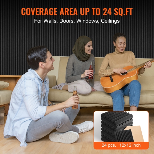 VEVOR 24 Pack Acoustic Foam Panels, 12 x 12 x 2 inches, High Density Soundproof Fire-Resistant Wall Panels,Sound Dampening Absorbing Panels for