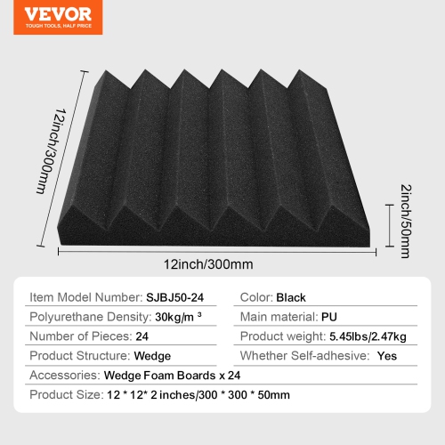 VEVOR 24 Pack Acoustic Foam Panels, 12 x 12 x 2 inches, High Density Soundproof Fire-Resistant Wall Panels,Sound Dampening Absorbing Panels for