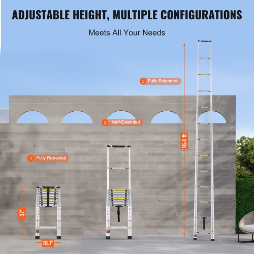 VEVOR – Échelle d'extension légère en aluminium de 16,5PI, échelle escamotable à boutons multiples, capacité de 419 LB avec pieds antidérapants,