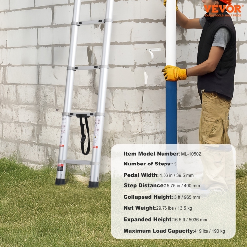 VEVOR – Échelle d'extension légère en aluminium de 16,5PI, échelle escamotable à boutons multiples, capacité de 419 LB avec pieds antidérapants,