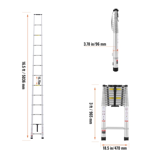 VEVOR – Échelle d'extension légère en aluminium de 16,5PI, échelle escamotable à boutons multiples, capacité de 419 LB avec pieds antidérapants,