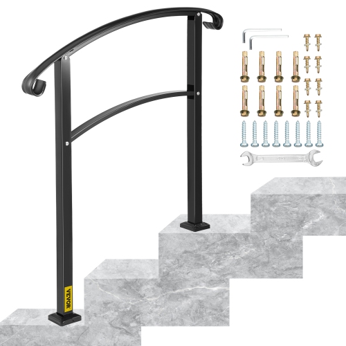 VEVOR  3-Step Transitional Handrail Fits 1 Or 3 Steps Matte Stair Rail Wrought Iron Handrail w Installation Kit Hand Rails for Outdoor Steps