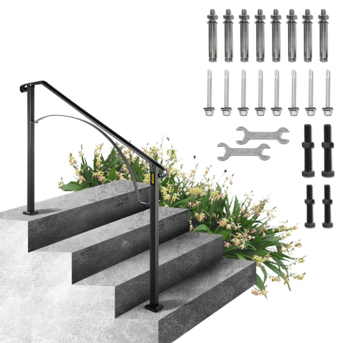 VEVOR  3 Or 4 Steps Handrails for Outdoor Steps, Outdoor Stair Railing, Arch#3 Wrought Iron Handrail, Flexible Porch Railing Handrails for Concrete