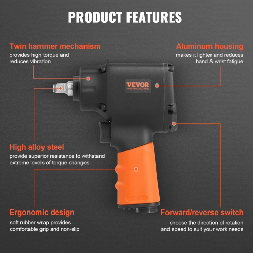 VEVOR 3/8-Inch Air Impact Wrench, Drive Air Impact Gun, Up to 690ft-lbs Nut-busting Torque, Lightweight Pneumatic Impact Wrench for