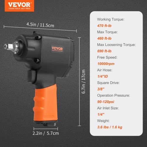 VEVOR 3/8-Inch Air Impact Wrench, Drive Air Impact Gun, Up to 690ft-lbs Nut-busting Torque, Lightweight Pneumatic Impact Wrench for
