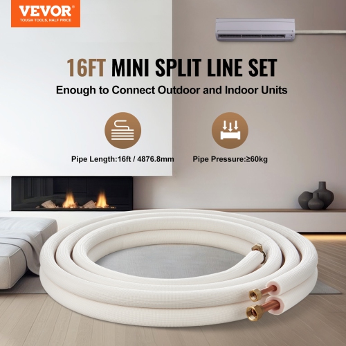 VEVOR 16FT Mini Split Line Set,3/8" & 5/8" O.D Copper Pipes Tubing and Triple-Layer Insulation,for Air Conditioning or Heating Pump & HVAC with