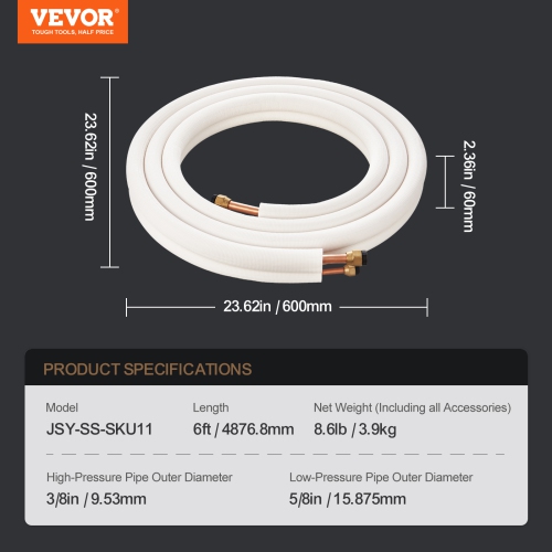 VEVOR 16FT Mini Split Line Set,3/8" & 5/8" O.D Copper Pipes Tubing and Triple-Layer Insulation,for Air Conditioning or Heating Pump & HVAC with
