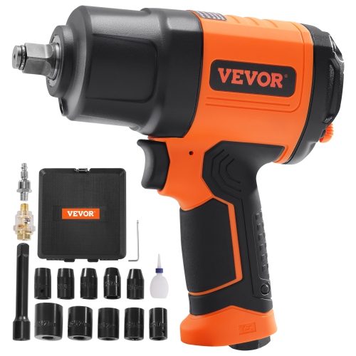 VEVOR 1/2-Inch Air Impact Wrench, High Torque Up to 1400 ft-lbs, Lightweight 4.6 lb Design Pneumatic Impact Gun with 11-PCS 1/2-Inch Drive CR-V Steel