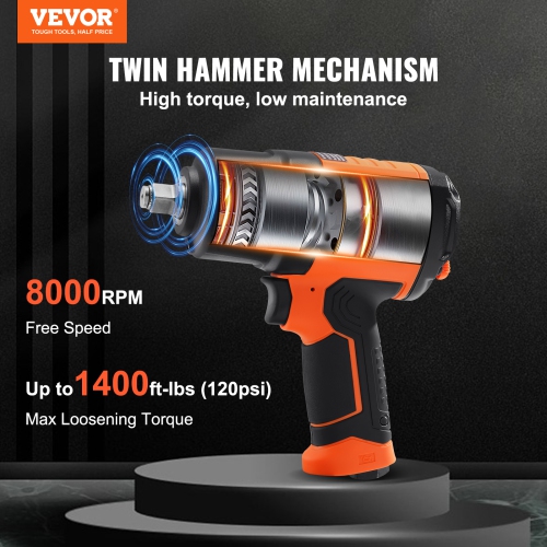VEVOR 1/2-Inch Air Impact Wrench, High Torque Up to 1400 ft-lbs, Lightweight 4.6 lb Design Pneumatic Impact Gun with 11-PCS 1/2-Inch Drive CR-V Steel