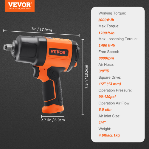 VEVOR 1/2-Inch Air Impact Wrench, High Torque Up to 1400 ft-lbs, Lightweight 4.6 lb Design Pneumatic Impact Gun with 11-PCS 1/2-Inch Drive CR-V Steel
