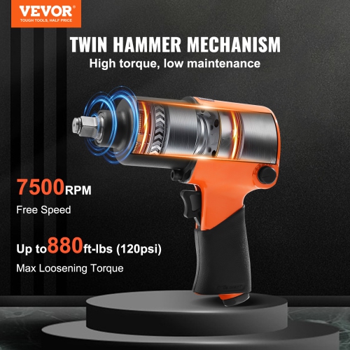 VEVOR 1/2" Air Impact Wrench, Drive Air Impact Gun Up to 880ft-lbs Nut-busting Torque, 7500RPM Lightweight Pneumatic Tool for Auto Repairs and