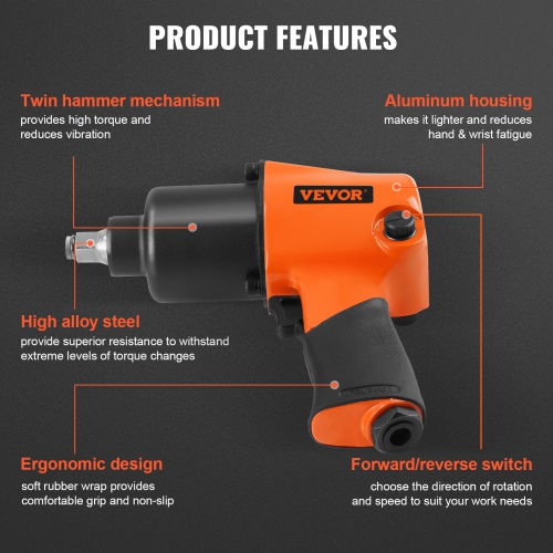 VEVOR 1/2" Air Impact Wrench, Drive Air Impact Gun Up to 880ft-lbs Nut-busting Torque, 7500RPM Lightweight Pneumatic Tool for Auto Repairs and