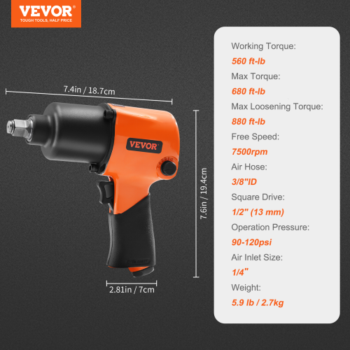 VEVOR 1/2" Air Impact Wrench, Drive Air Impact Gun Up to 880ft-lbs Nut-busting Torque, 7500RPM Lightweight Pneumatic Tool for Auto Repairs and