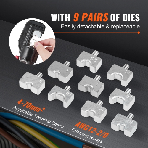 VEVOR Hydraulic Crimping Tool with 9 Sets of Dies AWG12-2/0 Copper And Aluminum Terminal Battery Lug Crimper, with a Cutting Pliers, 5pcs Connectors,