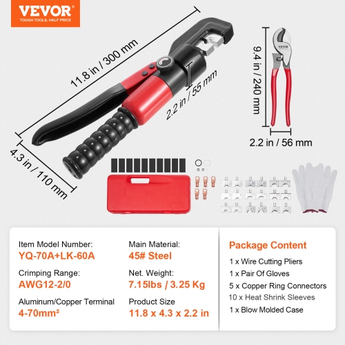 VEVOR Hydraulic Crimping Tool with 9 Sets of Dies AWG12-2/0 Copper And Aluminum Terminal Battery Lug Crimper, with a Cutting Pliers, 5pcs Connectors,