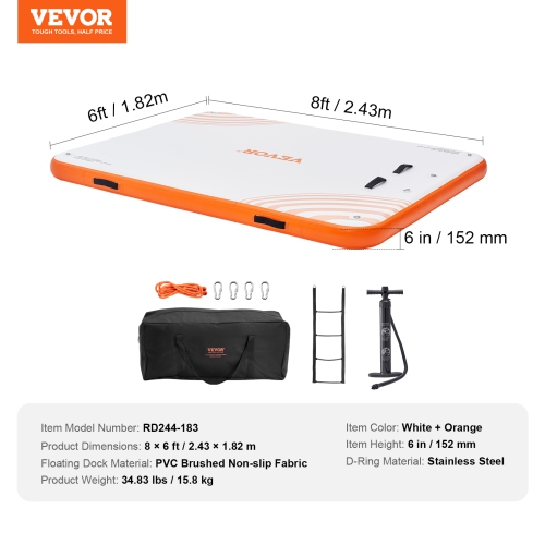 VEVOR 8 x 6FT Inflatable Floating Dock, Inflatable Dock Platform, Non-Slip Water Floating Dock Mat with Portable Carrying Bag & Detachable Ladder,
