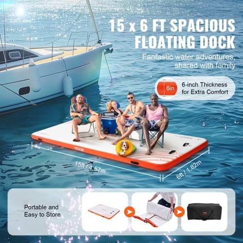 VEVOR 15 x 6FT Inflatable Floating Dock, Inflatable Dock Platform, Non-Slip Water Floating Dock Mat with Detachable Ladder & Portable Carrying Bag,