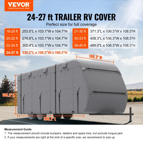 VEVOR 24-27 ft Travel Trailer Cover, RV Cover, 4-Layer Non-Woven Fabric Camper Cover, Waterproof, Windproof and Rip-Stop Class A RV Cover, with