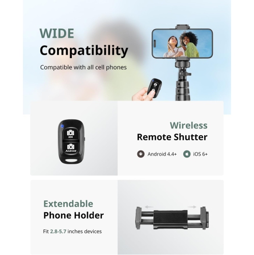 62" Phone Tripod & Selfie Stick, Extendable Cell Phone Tripod Stand with Wireless Remote and Phone Holder, Compatible with iPhone Android Phone,