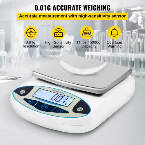 VEVOR Analytical Balance, 5000g x 0.01g Accuracy Lab Scale, High Precision Electronic Analytical Balance,13 Units Conversion, Counting Function, LCD
