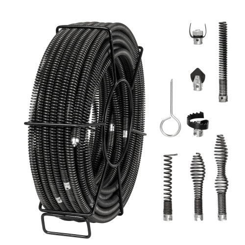 VEVOR  100 Ft X 5/8 Inch Drain Cleaning Cable, Professional Sectional Drain Cleaner Cable w 7 Cutters for 0.8" to 3.9" Pipes, Hollow Core Sewer Drain