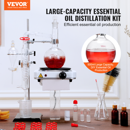 Trousse de distillation d'huile essentielle VEVOR 500&nbsp;ml, appareil de distillation, 3,3 trousse de distillation de verres Boro Lab avec plaque
