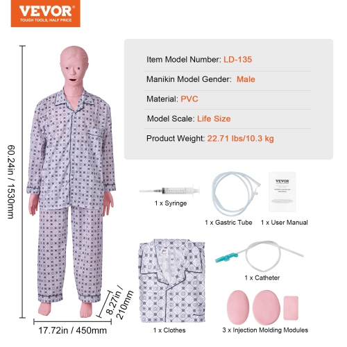 VEVOR Male Life Size Demonstration Human Manikin for Nursing Training, Multifunctional Education Teaching Model Supplies, PVC Anatomical Mannequin