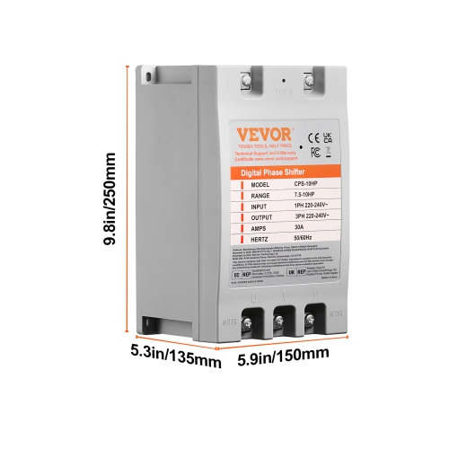 VEVOR 3 Phase Converter - 10HP 30A 220V Single Phase to 3 Phase Converter, Digital Phase Shifter for Light Commercial Use, 220V-240V Input/Output