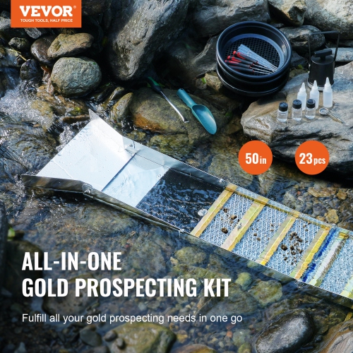 VEVOR Gold Panning Kit With Sluice Box, 50" Aluminum Gold Mining Equipment, 23 PCS Gold Prospecting Kit with Gold Pan, Classifier Screen, Separating