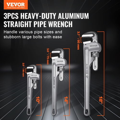VEVOR 3-Piece Pipe Wrench Set, 10" 14" 18" Aluminum Straight Pipe Wrench, Adjustable Plumbing Wrench, with High Strength Jaw and Ergonomic Handle,