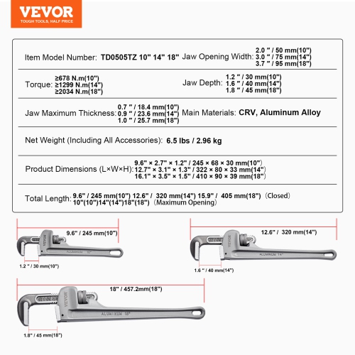 VEVOR 3-Piece Pipe Wrench Set, 10" 14" 18" Aluminum Straight Pipe Wrench, Adjustable Plumbing Wrench, with High Strength Jaw and Ergonomic Handle,