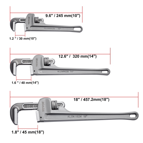 VEVOR 3-Piece Pipe Wrench Set, 10" 14" 18" Aluminum Straight Pipe Wrench, Adjustable Plumbing Wrench, with High Strength Jaw and Ergonomic Handle,