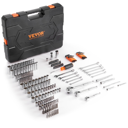 VEVOR Mechanics Tool Set and Socket Set, 1/4" 3/8" 1/2" Drive Deep and Standard Sockets, 205 Pcs SAE and Metric Mechanic Tool Kit with Bits,