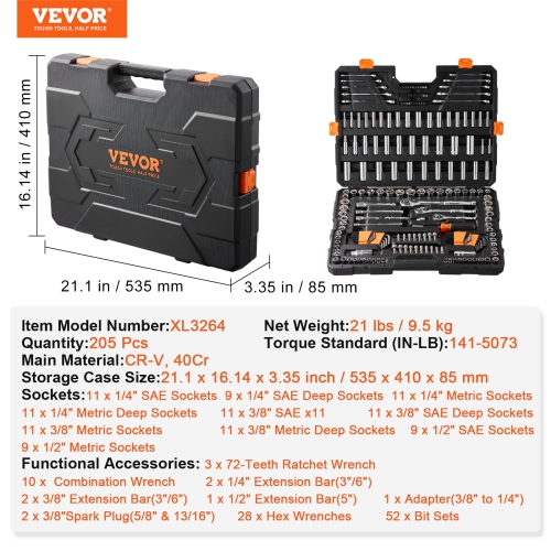 VEVOR Mechanics Tool Set and Socket Set, 1/4" 3/8" 1/2" Drive Deep and Standard Sockets, 205 Pcs SAE and Metric Mechanic Tool Kit with Bits,