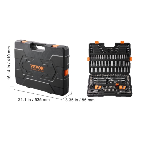 VEVOR Mechanics Tool Set and Socket Set, 1/4" 3/8" 1/2" Drive Deep and Standard Sockets, 205 Pcs SAE and Metric Mechanic Tool Kit with Bits,