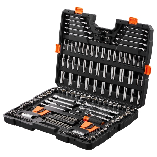 VEVOR Mechanics Tool Set and Socket Set, 1/4" 3/8" 1/2" Drive Deep and Standard Sockets, 205 Pcs SAE and Metric Mechanic Tool Kit with Bits,