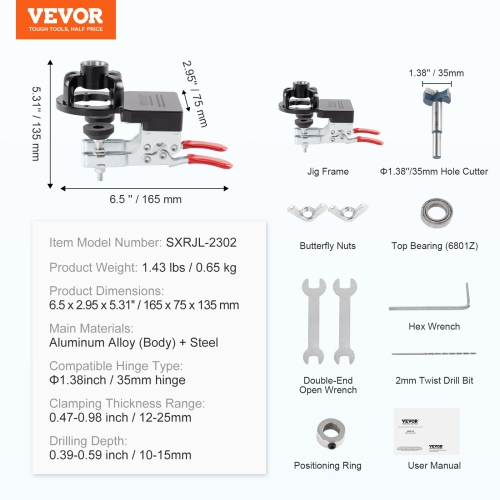 VEVOR 35 mm Concealed Door Hinge Jig, Aluminum Alloy Cabinet Hinge Jig, Accurate Locking Dual Clamp Fixation Hinge Drill Jig with Accessories, for