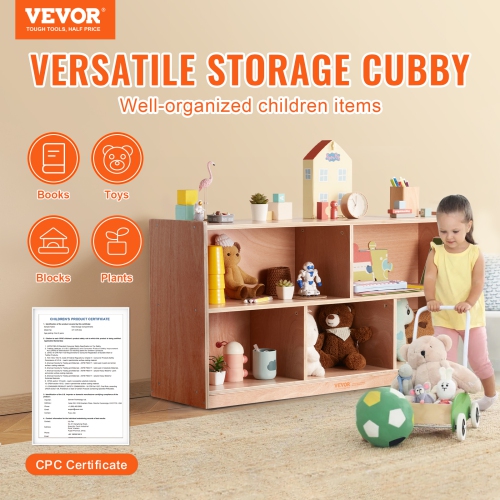 VEVOR 5-Compartment Cubby Mobile Tray Storage Cabinet, Cubby Storage Shelf, Cubby Storage Cabinet 2-shelf, Classroom Cubbies, Classroom Furniture for