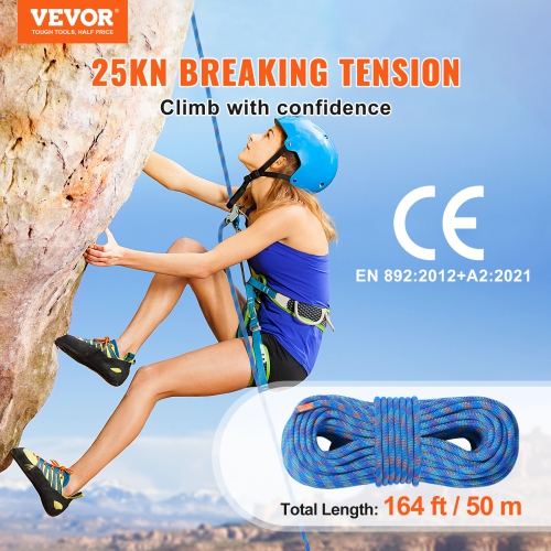 VEVOR 10.2mm Dynamic Climbing Rope, 50M(164ft) Rock Climbing Rope 25KN Breaking Tension, Stretchable Fiber Rope with Steel Snap Hooks for Escape,