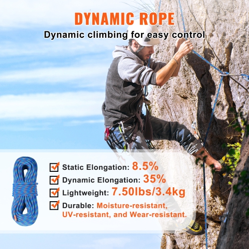 VEVOR 10.2mm Dynamic Climbing Rope, 50M(164ft) Rock Climbing Rope 25KN Breaking Tension, Stretchable Fiber Rope with Steel Snap Hooks for Escape,